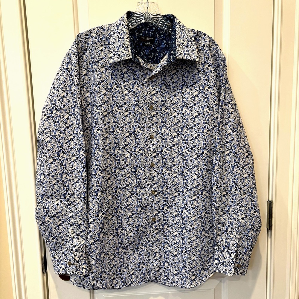 Van Heusen 17.5 34/35 FlexFit Mens Slim Fit Stretch Button Up Micro Floral Blue